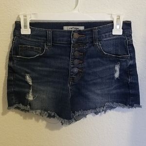 Refuge dark wash distressed jean shorts size 0, EUC